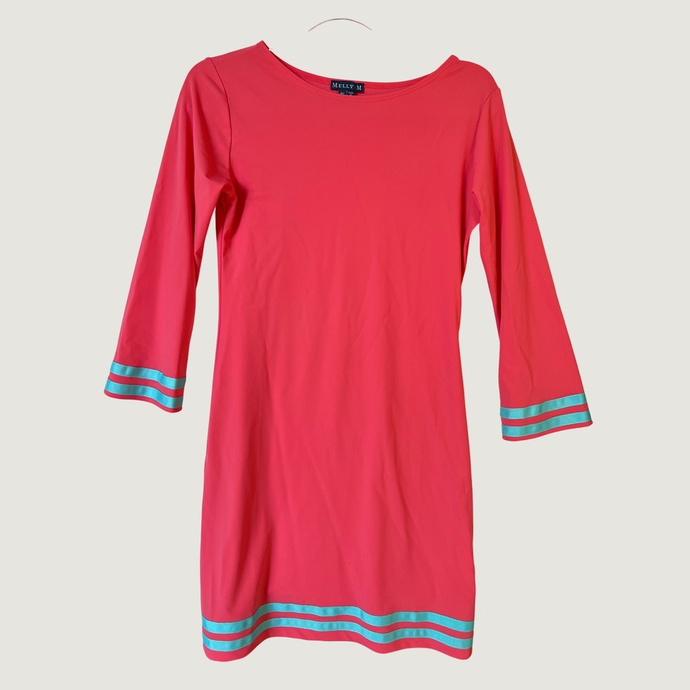 Melly M Pink Shift Dress Turquoise Ribbon Trim 3/4 Sleeve Preppy XS Made in USA